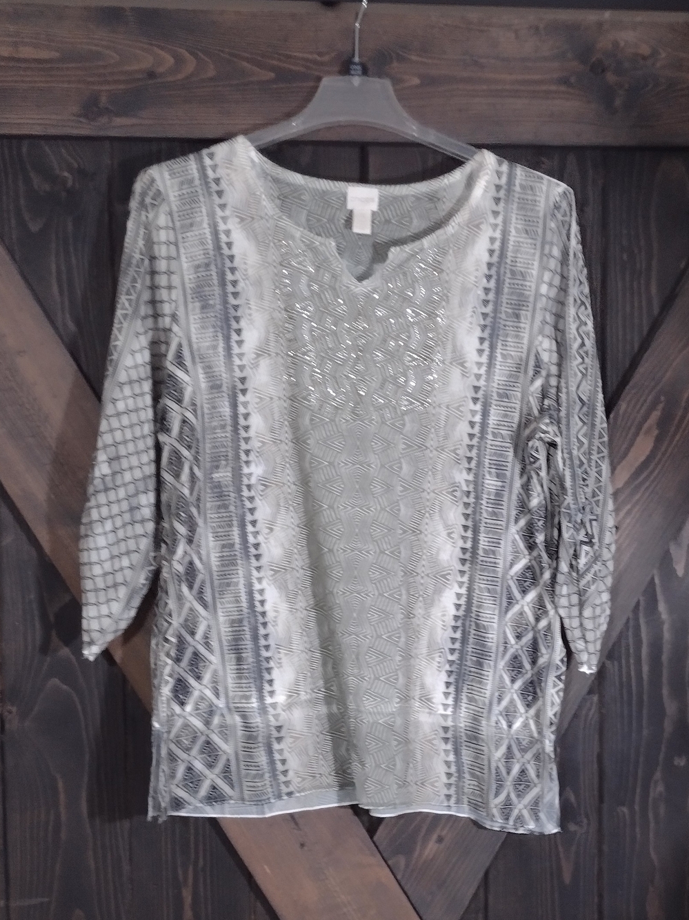 Chico's Silver Gray Green Patterned Tunic with Embellished Neckline Size 3